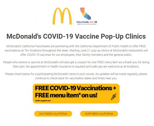 CA주 맥도날드 지점 70곳서 백신 무료로 놔준다… 접종 땐 식사 쿠폰 선물