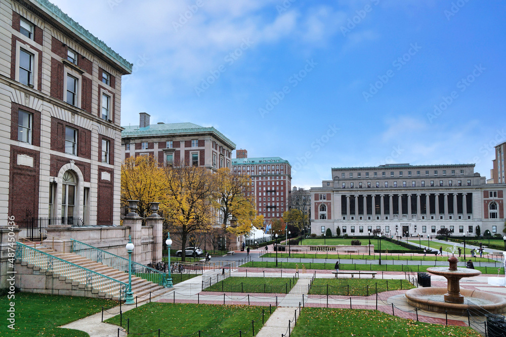 Large university campus with Romanesque style buildings, Columbia University in New York