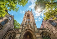 예일대 조기전형 지원자 14% 감소 A stunning view of the Yale University campus showcasing its historic architecture and vibrant greenery under a bright blue sky