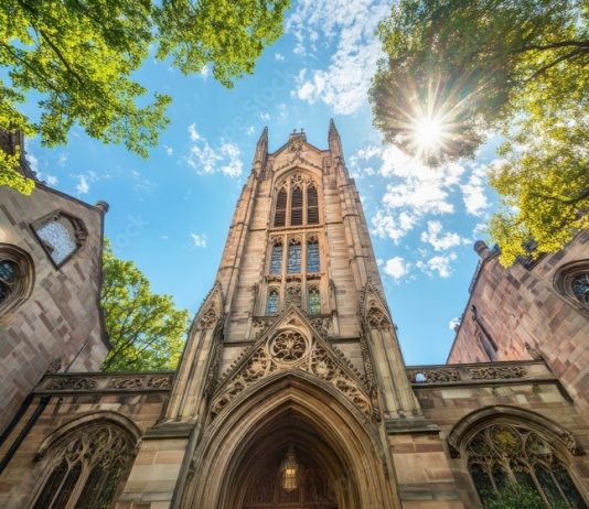 예일대 조기전형 지원자 14% 감소 A stunning view of the Yale University campus showcasing its historic architecture and vibrant greenery under a bright blue sky